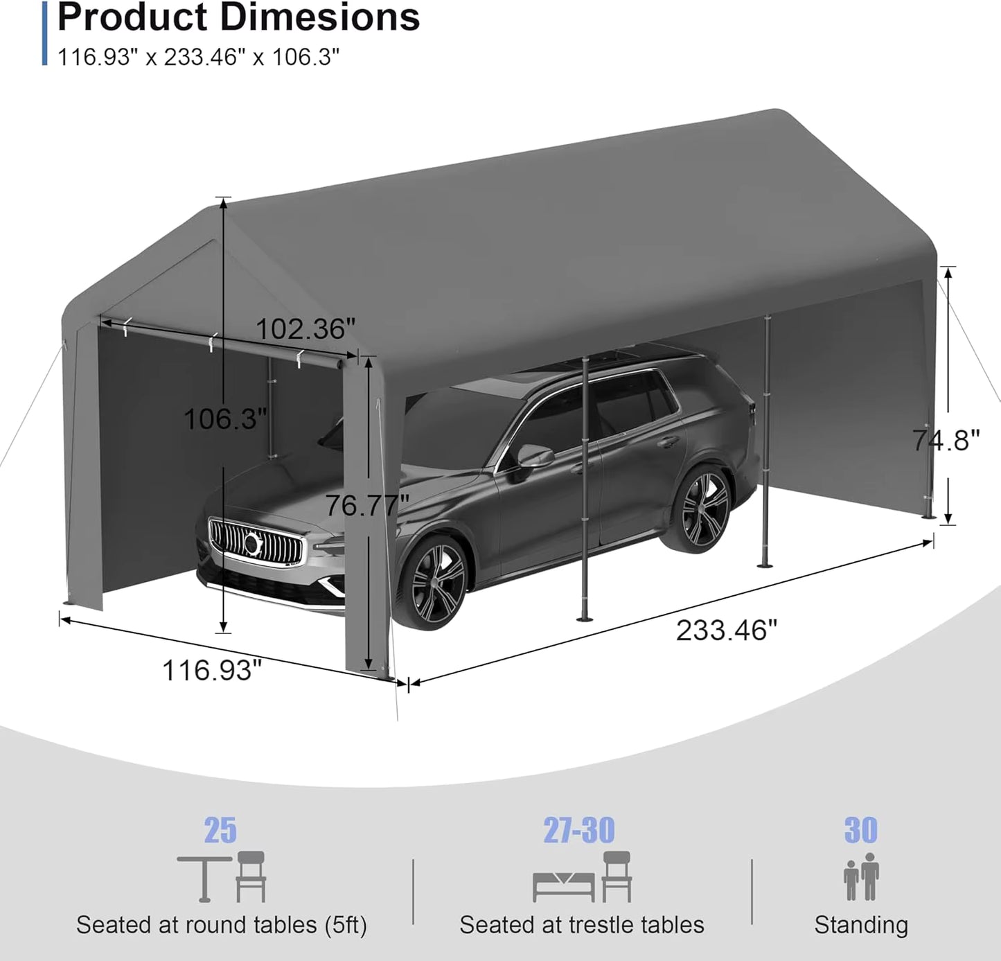 Carpot Canopy 10x20 Heavy Duty With Waterproof UV Resistant Removable Sidewalls